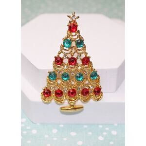Price Reduced Gold Toned Christmas Tree Brooch Pin with Rhinestones CP99
